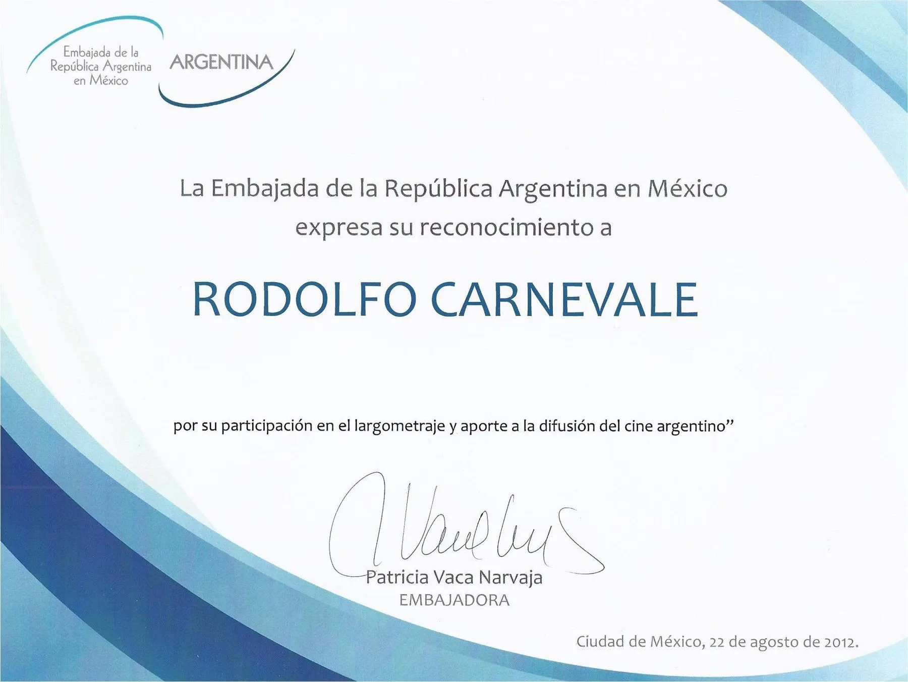 Reconocimiento de la Embajada argentina en México