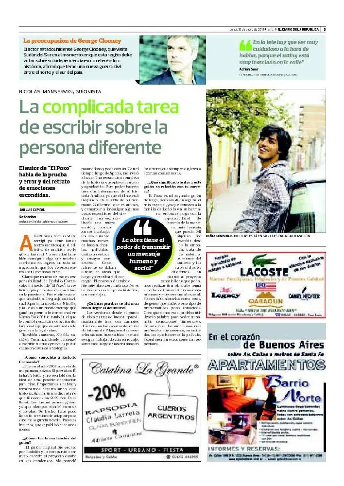 Recorte de El Diario de la República: La complicada tarea de escribir sobre la persona diferente