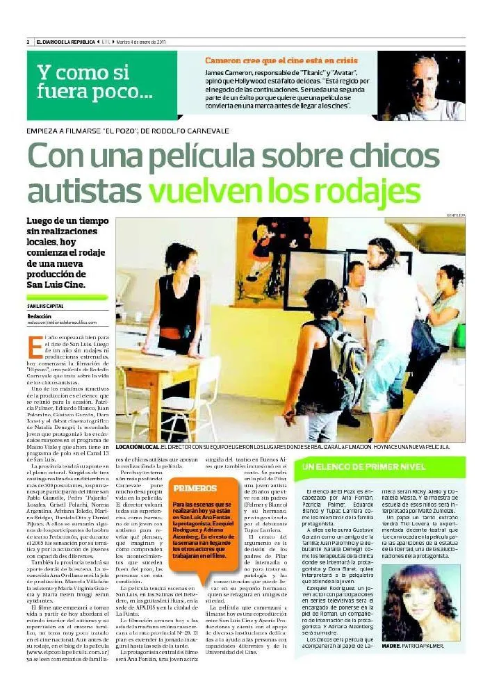 Recorte de El Diario de la República: Con una película sobre chicos autistas vuelven los rodajes