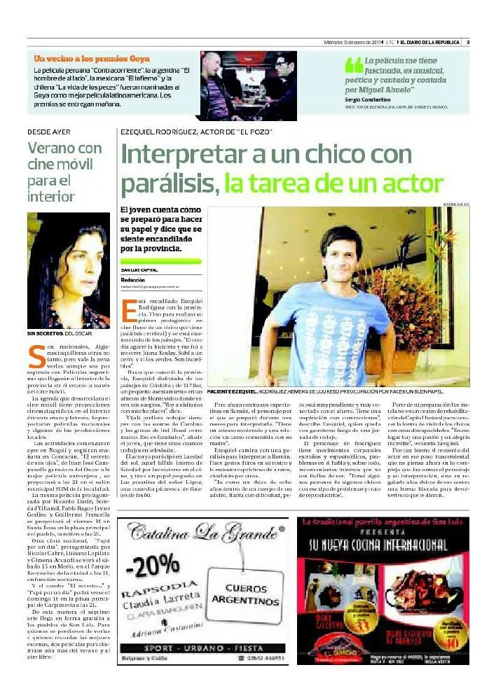 Recorte de El Diario de la República: Interpretar a un chico con parálisis, la tarea de un actor